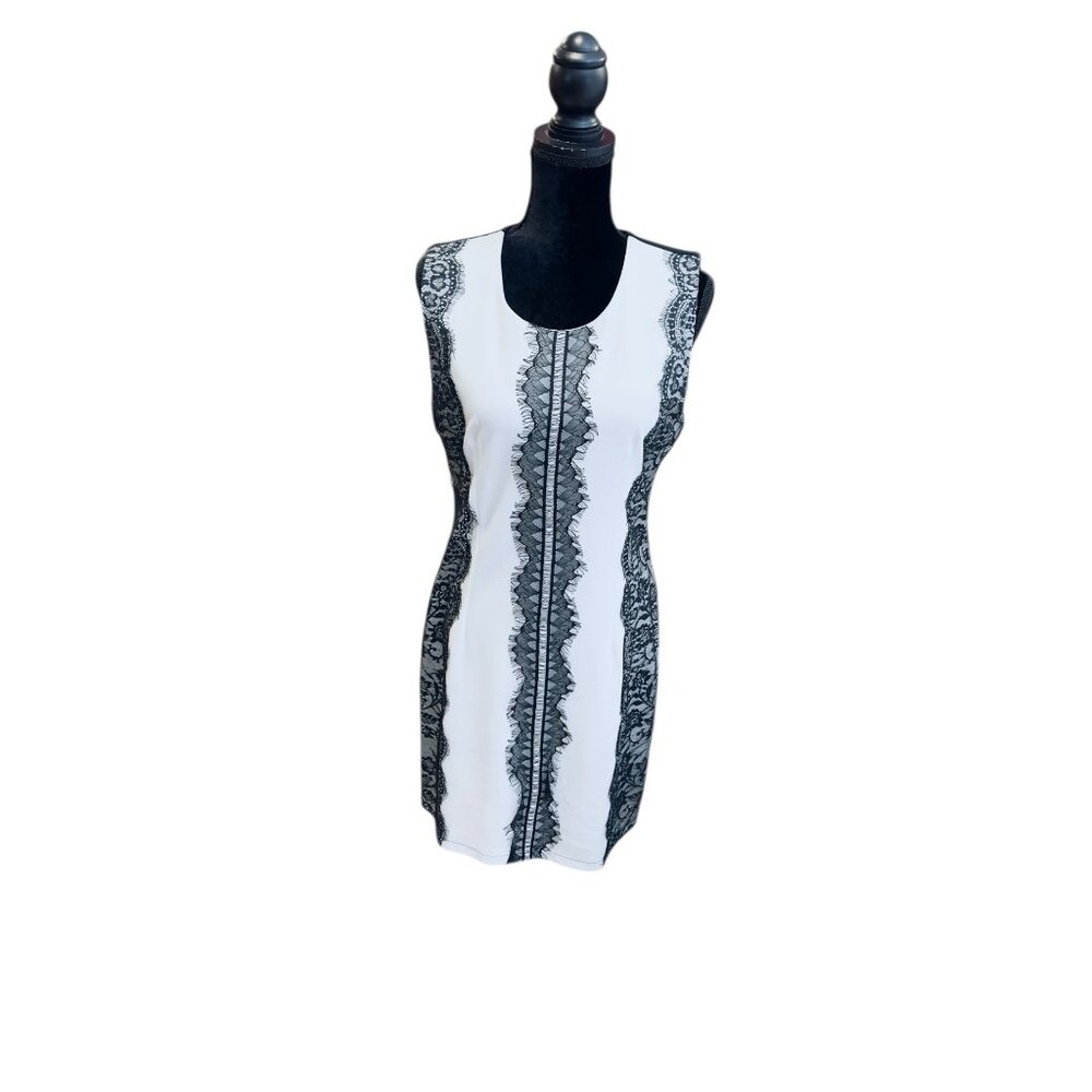 Lace Black White Sleeveless Bodycon Dress Size M Contrast Panel Sheath NWT
